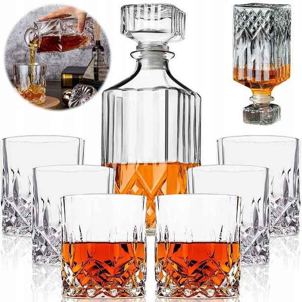 Skleněná Karafa 920 ML 6 Sklenic Na Whisky Na Bimber Alkohol Sada