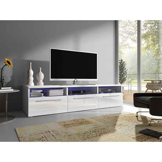 Moderní TV stolek Rabia 150, bílá/bílý lesk + LED