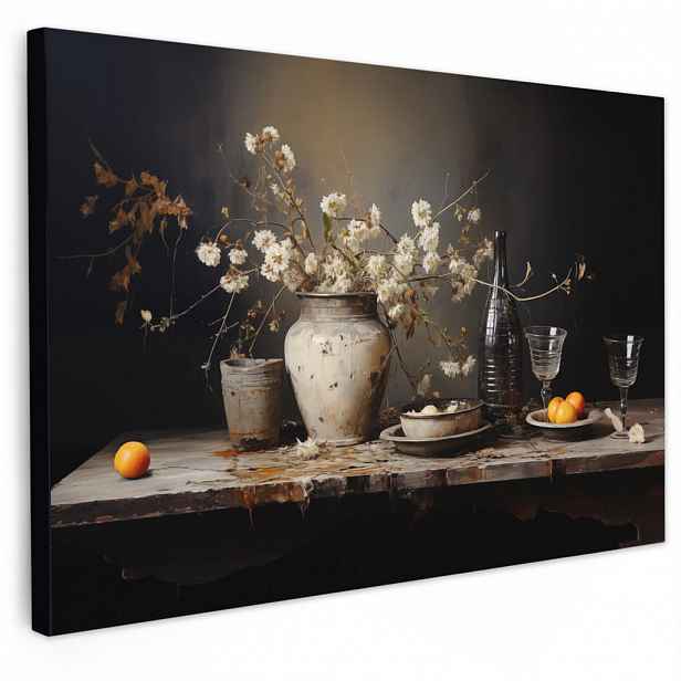MuchoWow OBRAZ NA PLÁTNĚ Zátiší - Květiny - Kytice - Váza - Víno 30x20 cm