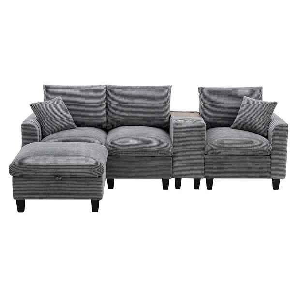 Redom ROHOVÁ pohovka 229/149,5/83 cm s USB porty, konzolí, držáky nápojů a úložným taburetem z manšestru, Šedá