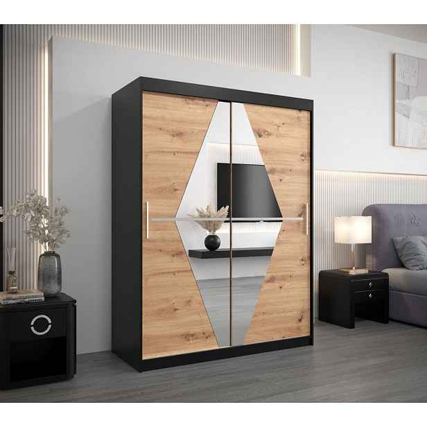 Šatní skříň se zrcadly TATANA - šířka 150 cm, černá / dub artisan