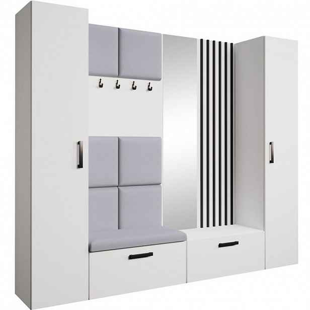 Beautysofa PŘEDSÍŇOVÁ sestava Margaret XL 242/203/43 s čalouněnými panely / lamelami / zrcadlem, bílá