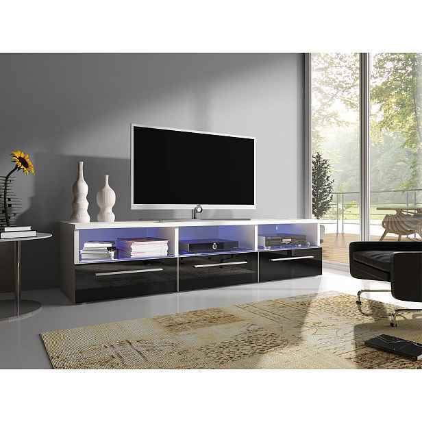 Moderní TV stolek Rabia 150, bílá/černý lesk + LED