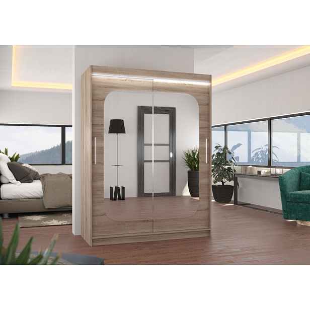 Šatní skříň se zrcadlem 150 cm a LED osvětlením QUELA - dub lanýž
