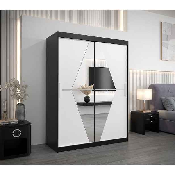Šatní skříň se zrcadly TATANA - šířka 150 cm, černá / bílá
