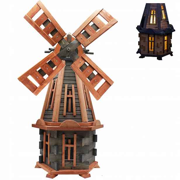 Zahradní větrný mlýn s Led solárním osvětlením 100 cm, dřevěný, antracit