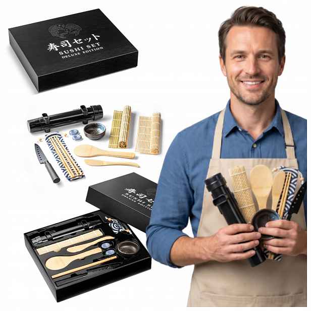 Bambusový Set Na Sushi pro výrobu a servírování, kompletní s příslušenstvím