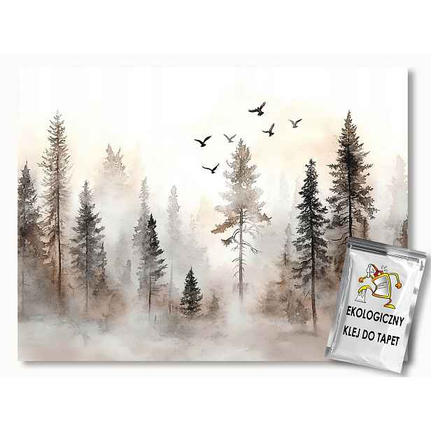 Fototapeta Bez Úpravy Grafika Les Stromy Ptáci Mlha Béžová Hnědá 254x184 130g
