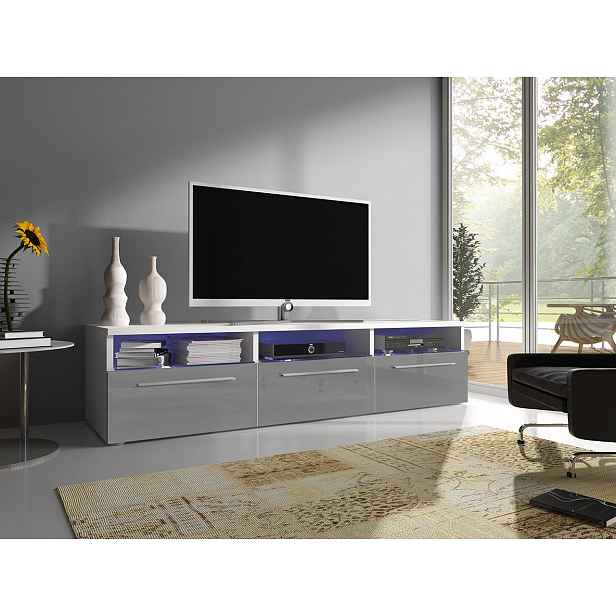 Moderní TV stolek Rabia 150, bílá/šedý lesk + LED