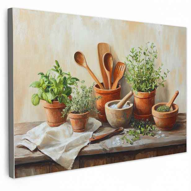 MuchoWow OBRAZ NA PLÁTNĚ Hrnce - Bylinky - Dřevo 90x60 cm