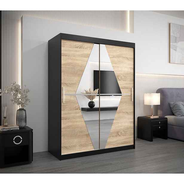 Šatní skříň se zrcadly TATANA - šířka 150 cm, černá / dub sonoma