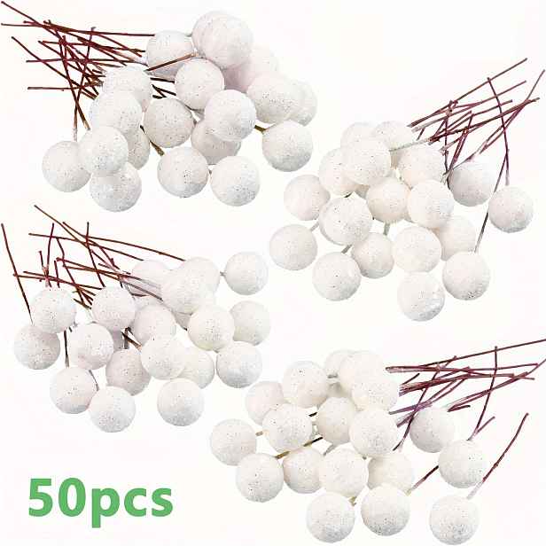TEMU 50/100 ks Umělé Bobule Cesmíny, 12 mm Falešné Bobule na Drátu pro Vánoční Stromeček, Dekorace Květinových Věnců, DIY Tvoření (Se Zářivými