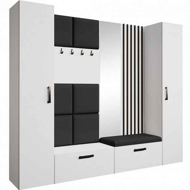 Beautysofa PŘEDSÍŇOVÁ sestava Margaret XL 242/203/43 s čalouněnými panely / lamelami / zrcadlem, bílá