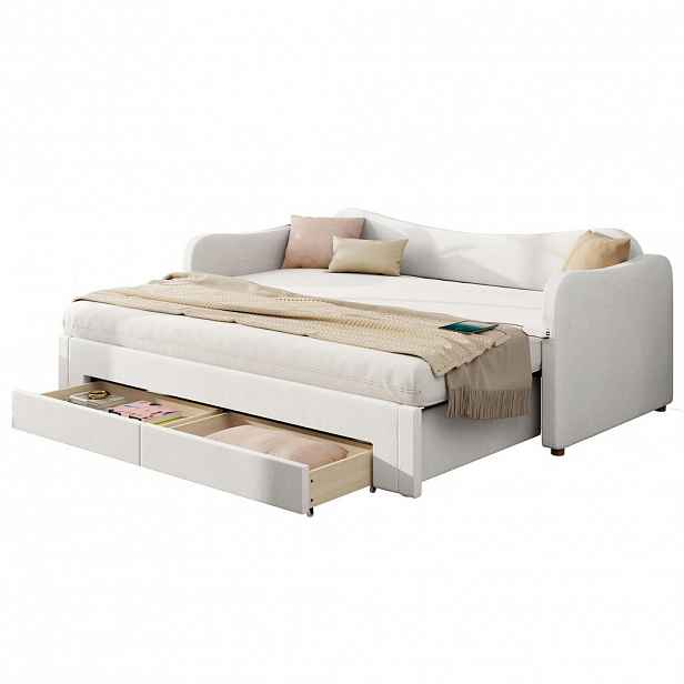 CHICFURN ČALOUNĚNÁ POSTEL 90/200 cm & 180/200 cm v béžové barvě se zásuvkami, USB a Type-C