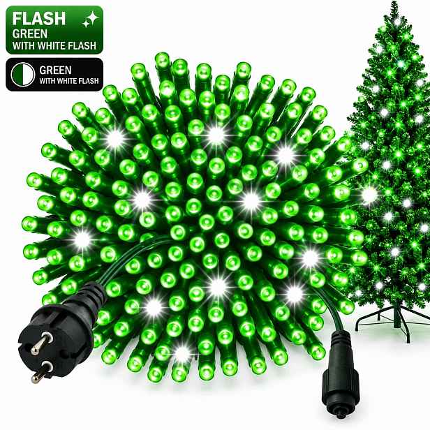 Vánoční Osvětlení Na Stromeček 500 Led 40 M Zelené Bílý Flash IP44 Zelený Kabel