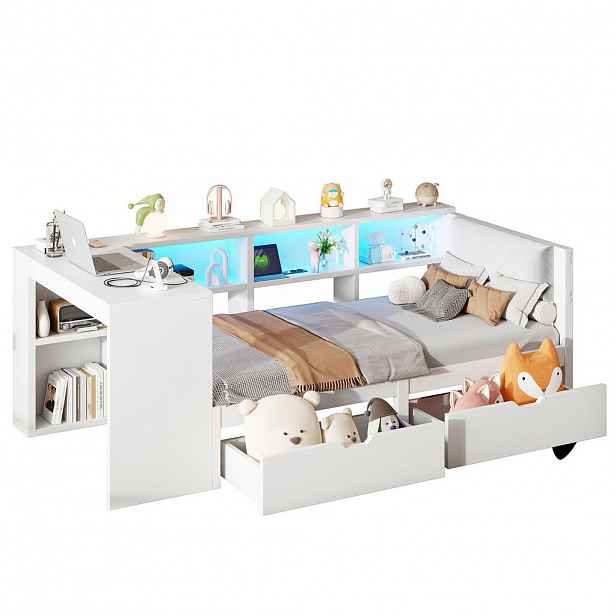 CHICFURN POSTEL 90/200 cm v bílé barvě se zásuvkami, LED osvětlením a USB