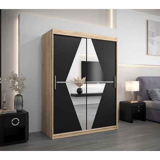 Šatní skříň se zrcadly TATANA - šířka 150 cm, dub sonoma / černá