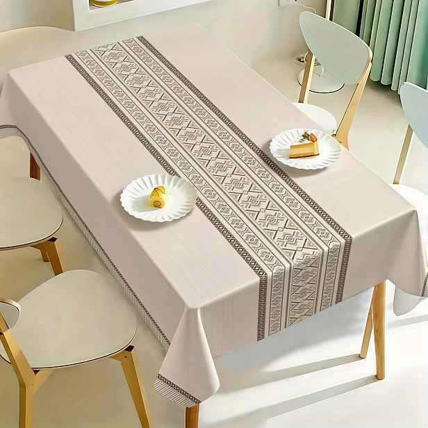 TEMU 1ks Elegantní geometrický kmenový styl ubrus, béžový a bílý obdélník s hnědým okrajovým vzorem, celoroční ubrus pro večírky, setkání, sváteční