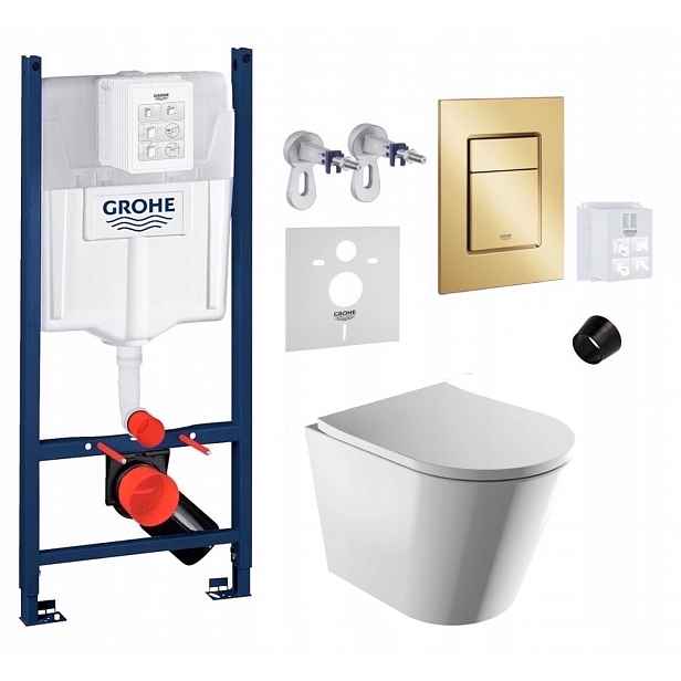 Wc stojan Grohe Rapid s mísou Omnires Tampa Rimless a zlatým tlačítkem