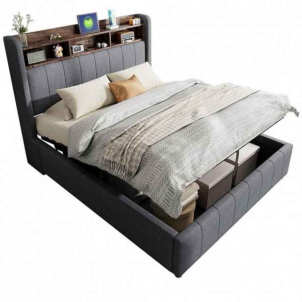 WISHDOR ČALOUNĚNÁ POSTEL 140x200 cm šedá s lněným vzhledem, úložným prostorem, LED osvětlením, USB a Type-C portem