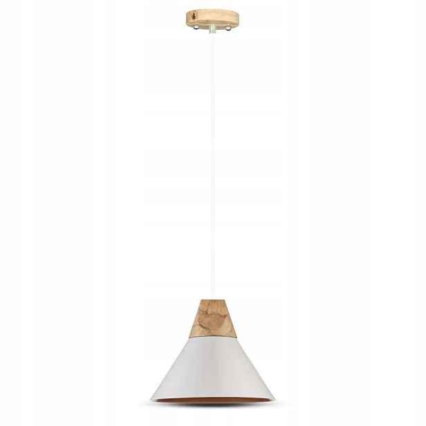 Závěsná lampa dřevěná bílá kulatá nad jídelním stolem V-tac