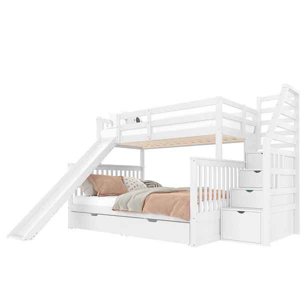 Modenvie PALANDA 90/200 a 140/200 cm z borovice a MDF, starobílá, se skluzavkou