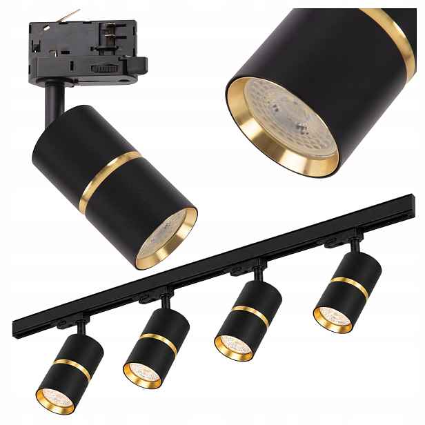 Osvětlení kolejnicové kolejnice 3-fázové Černá 1 m Lampa GU10 x4 Zlatá