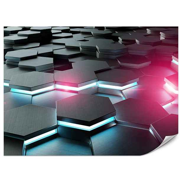 Muralo FOTOTAPETA do Kanceláře Černé Neonové Šestiúhelníky Růžová Modrá Tvary Geometrie 300x210