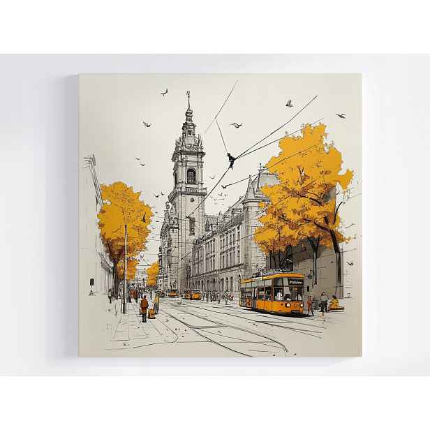 Obraz Na Plátně Plátno Kresba Ukrajina Lvóv Radnice Tramvaj Podzim 50x50