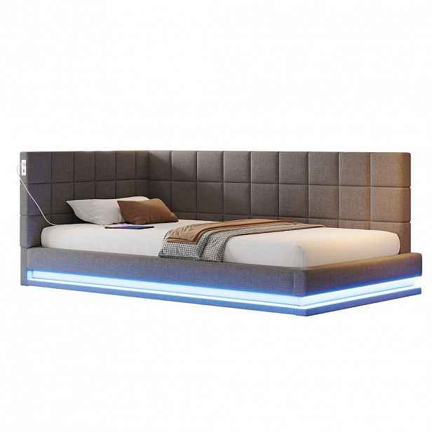 WISHDOR ČALOUNĚNÁ POSTEL 90x200 cm šedá s LED osvětlením a USB portem, lněný vzhled