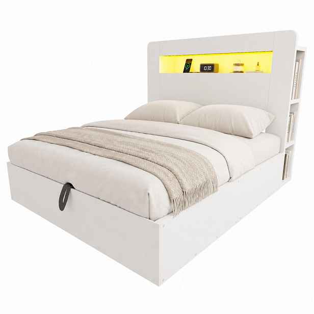 CHICFURN POSTELOVÝ RÁM 140/200 cm v bílé barvě s úložným prostorem, LED a elektrickými zásuvkami
