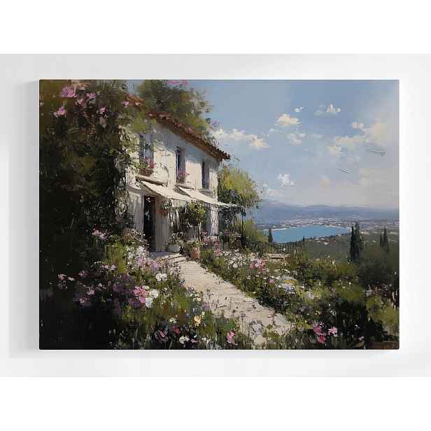Plakát Krajina Moře Hory Dům Vila Zahrada Květiny 100x75