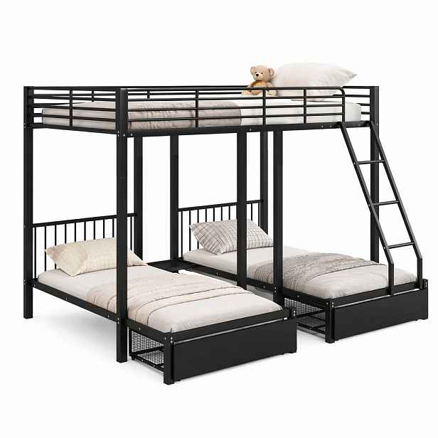 CHICFURN TŘÍLŮŽKOVÁ PATROVÁ POSTEL 140/200 cm a 2× 90/200 cm v černé barvě se zásuvkami