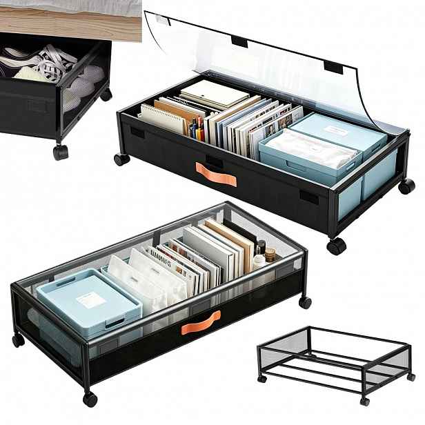 Organizér pod postel s kolečky a průhledným víkem 54L Černý 91.4x42 cm