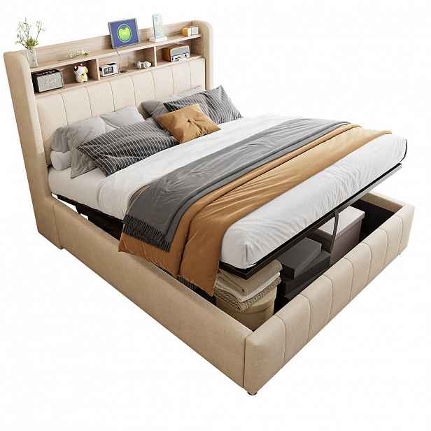 WISHDOR ČALOUNĚNÁ POSTEL 140x200 cm béžová s lněným vzhledem, úložným prostorem, LED osvětlením a USB portem