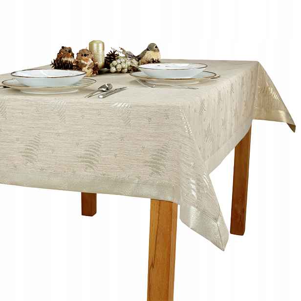 Elegantní vánoční ubrus odolný proti skvrnám, zlaté vánoční stromky a hvězdičky, 140 x 340 cm