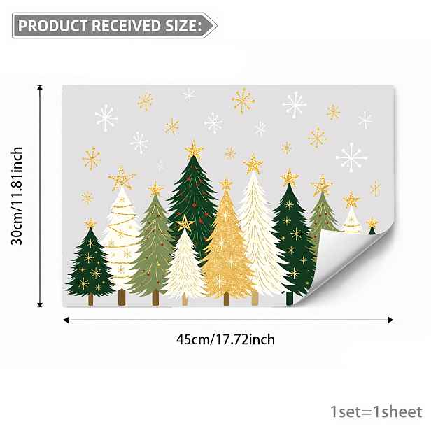 TEMU 1 ks Zelená Bílá Zlatá Vánoční Lesní Sněhová Vločka Hvězdný 45X30Cm Oboustranná Viditelná Bez Lepidla PVC Statická Samolepka na Okno, Vícevrstvá