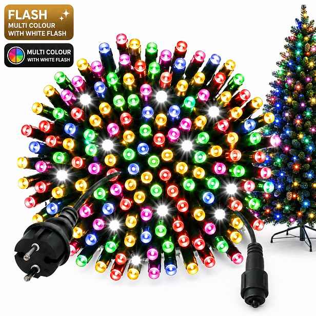 Vánoční Osvětlení Na Stromeček 1000 Led 70 M Multicolor Bílý Flash IP44 Zelený Kabel