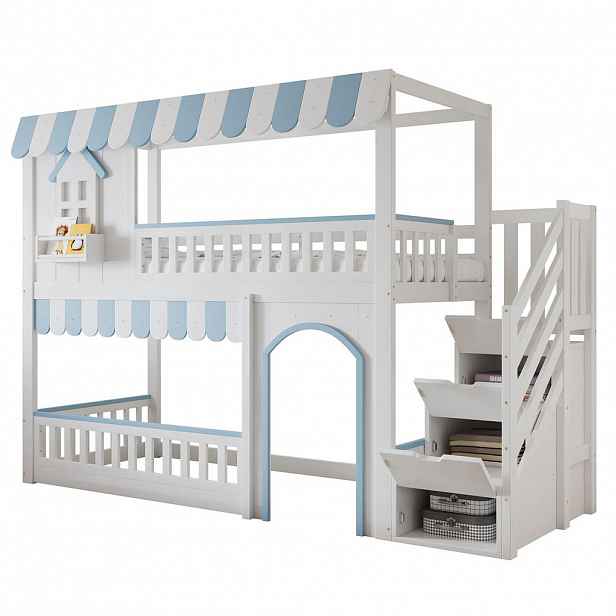 CHICFURN PATROVÁ POSTEL 90/200 cm v bílé a modré barvě s úložnými schody