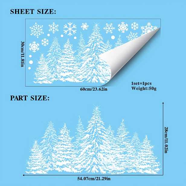 TEMU 2D ploché - 2D ploché - 2D ploché Cedrový les Vánoční statické okenní dekorace, složený ze sněhového lesa, sněhových vloček a teček, statická