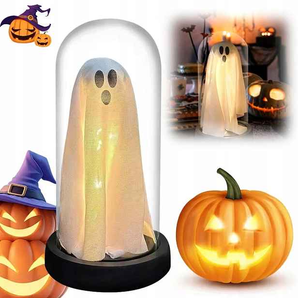 Halloweenská Ozdoba Duch V Skleněné Led Kopuli Noční Lampa Černé Pozadí