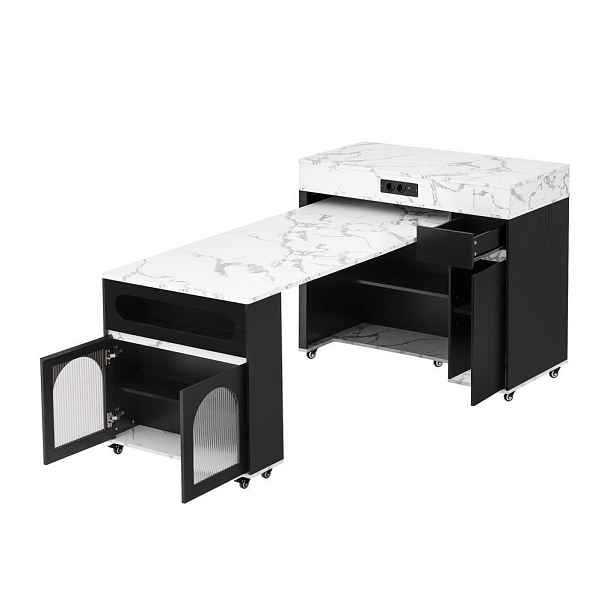 Redom KUCHYŇSKÝ ostrůvek 50,5–187,5/110,5/95,5 cm s výsuvnou jídelní deskou, zásuvkami a úložným prostorem, Černá