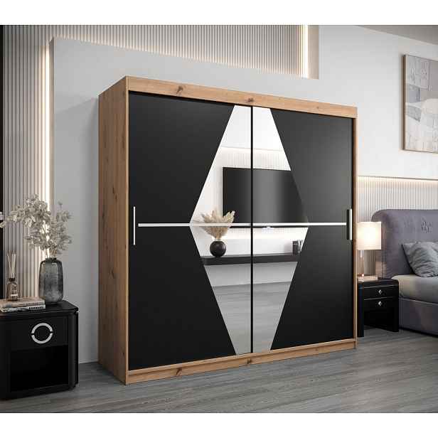 Šatní skříň LAURA - šířka 200 cm, dub artisan / černá
