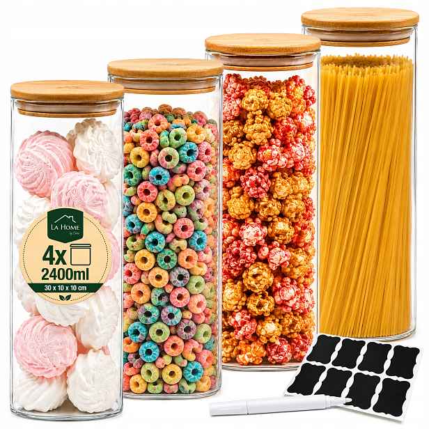 Vysoké Skleněné Nádoby 2400 ml na velké těstoviny s bambusovým víkem 4ks