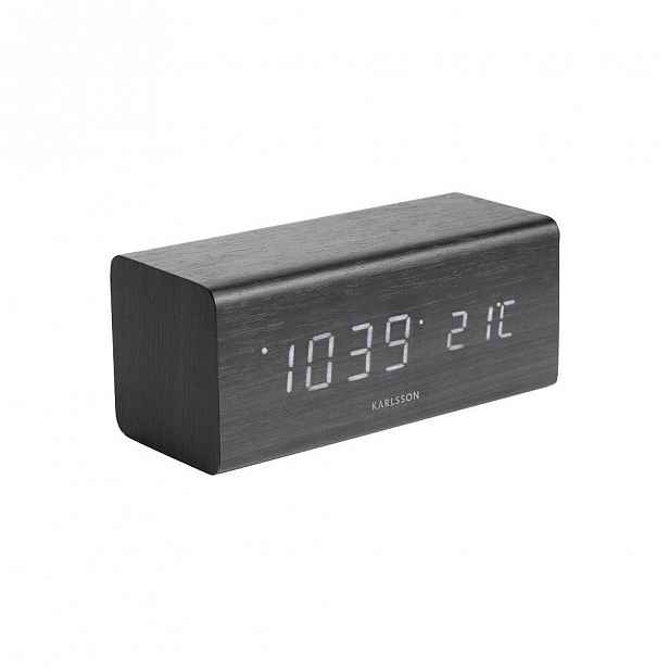 Černý budík v dřevěném dekoru Karlsson Cube, 16 x 7,2 cm