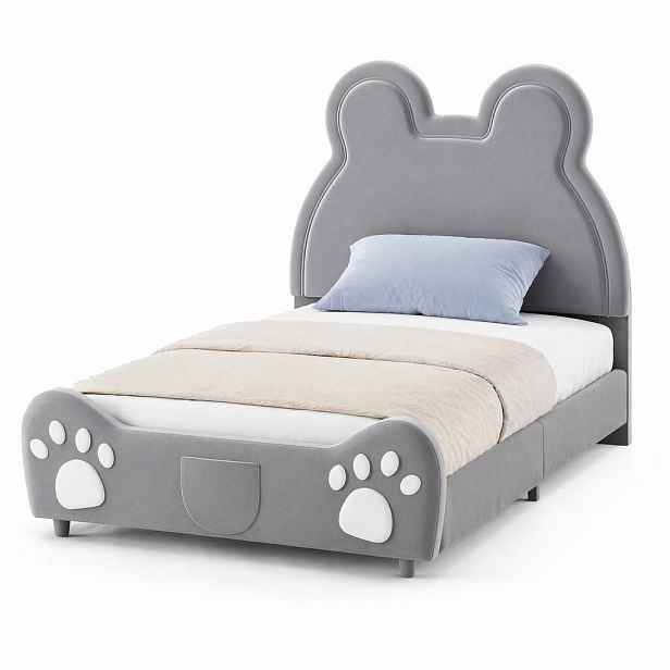 CHICFURN DĚTSKÁ POSTEL 90/200 cm v šedé barvě ve tvaru medvěda ze sametu