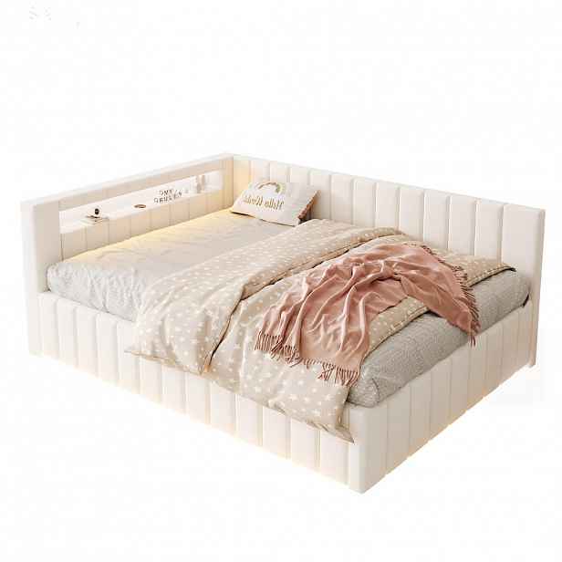 WISHDOR ČALOUNĚNÁ POSTEL 140x200 cm v Béžovém Sametu s Úložným Boxem, LED a USB