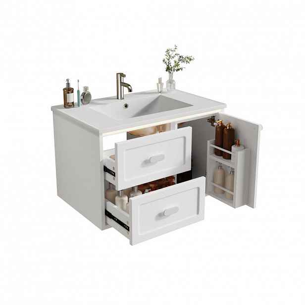 OKWISH ZÁVĚSNÁ koupelnová skříňka s umyvadlem 76/46/51 cm bílá z MDF a keramiky s LED senzorem