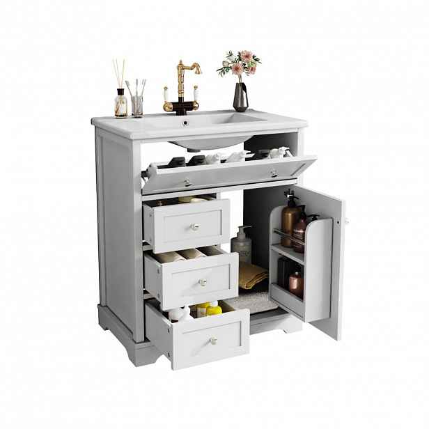 OKWISH KOUPELNOVÁ skříňka pod umyvadlo 76/46/87 cm bílá z keramiky a MDF s úložným prostorem