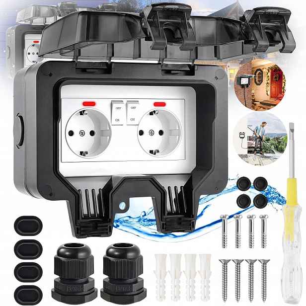 Dvojitá Venkovní Elektrická Zahradní Vodotěsná Zásuvka S Krytem IP66